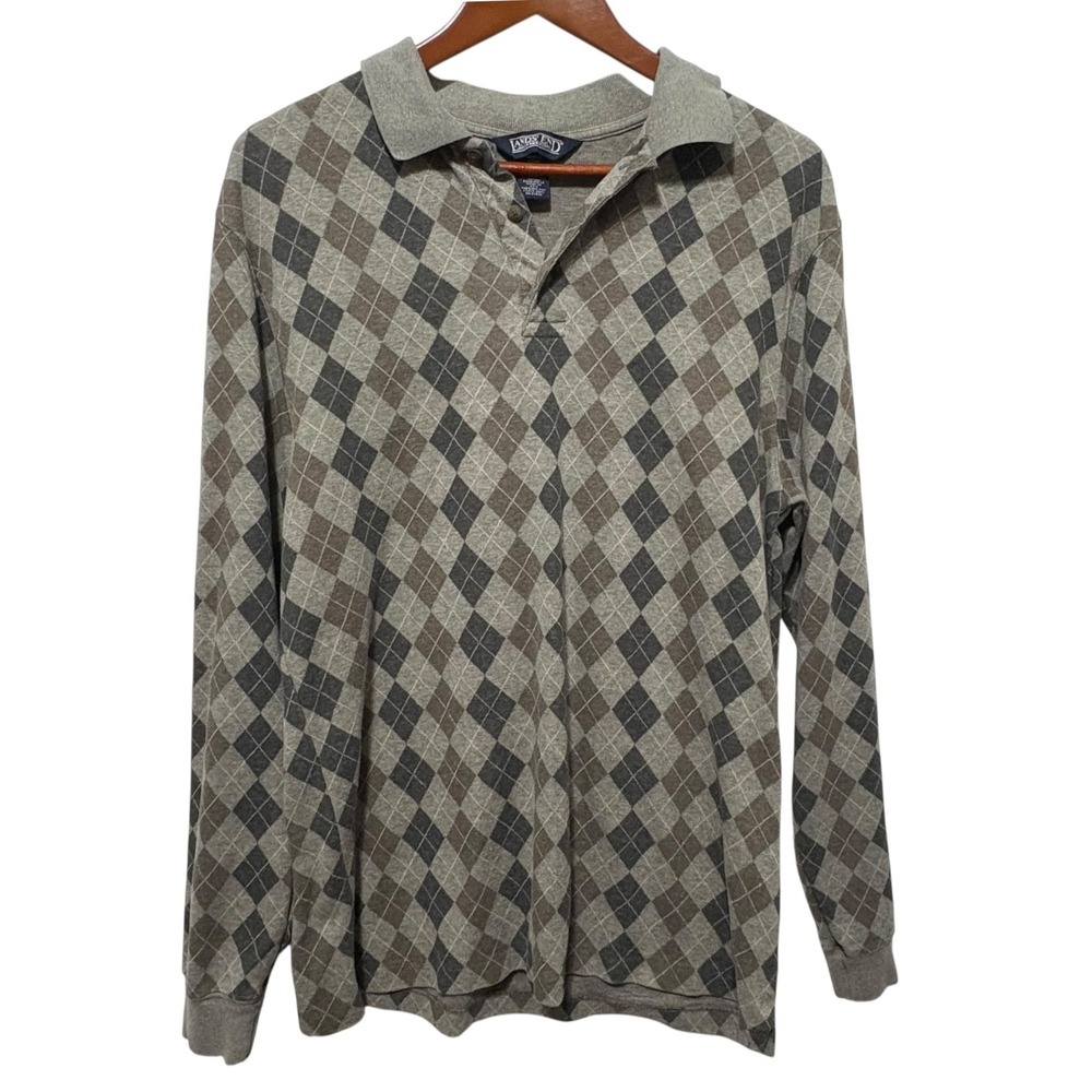 VTG Lands End Men Long Sleeve Polo M Gray Brown Argyle Pattern Cotton USA Preppy